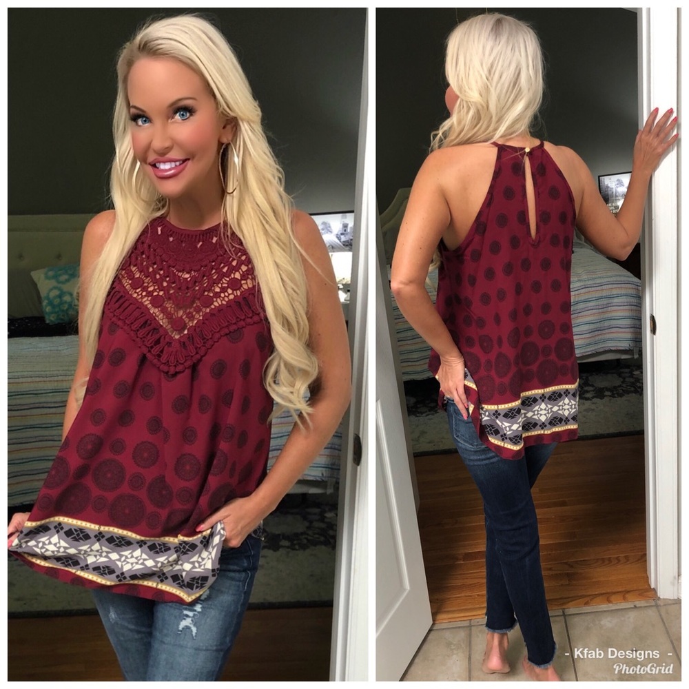 ๐Wine Crochet/Lace Detail Halter Style Tunic! - Picture 4 of 8